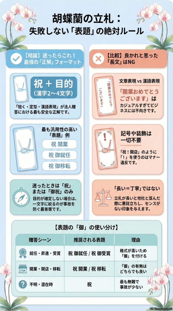 胡蝶蘭の立札で失敗しない表題ルールとNG例、祝＋目的の正解フォーマットや「御」の使い分けを解説したインフォグラフィック