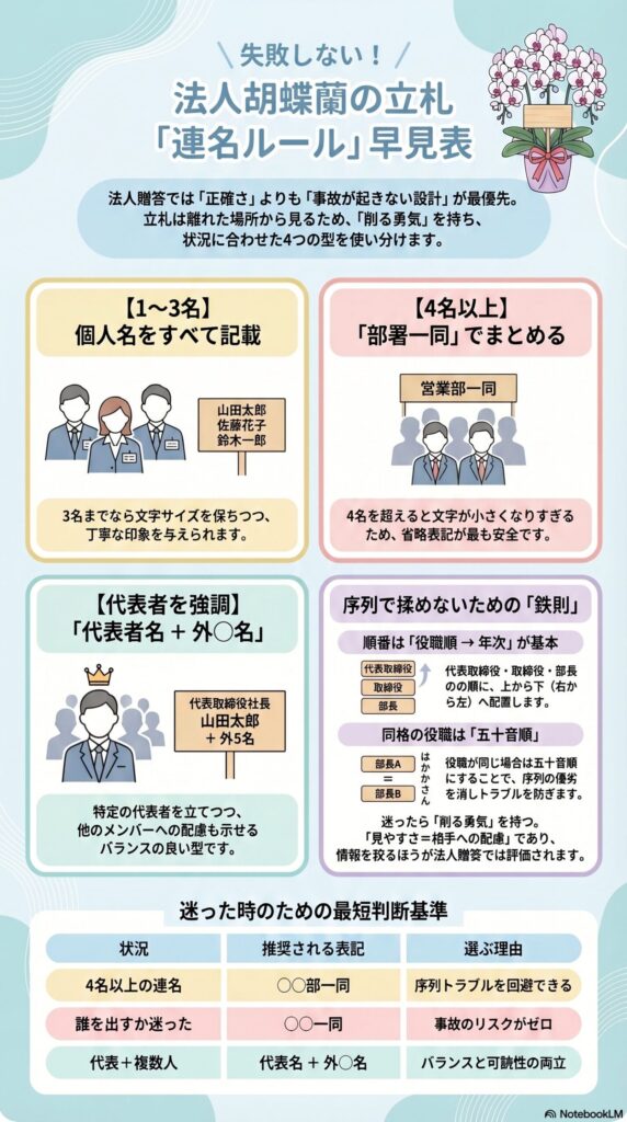 法人胡蝶蘭の立札における連名ルール早見表（人数別の書き方、部署一同表記、代表者表記、並び順の鉄則を解説したインフォグラフィック）