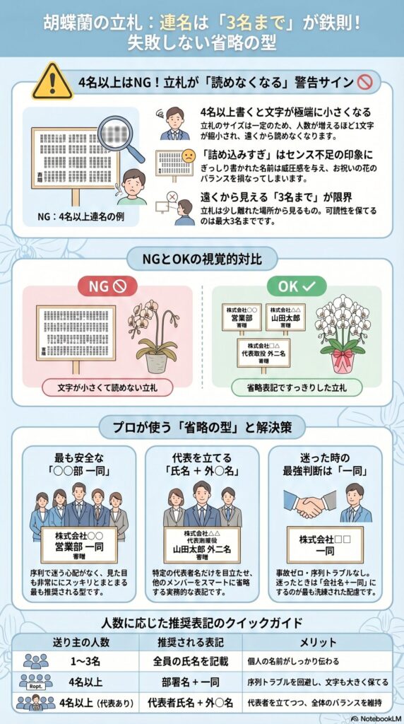 胡蝶蘭の立札は連名3名までが鉄則と省略ルールを解説したインフォグラフィック（4名以上NG例・OK例・部署一同や代表者表記の使い分け付き）