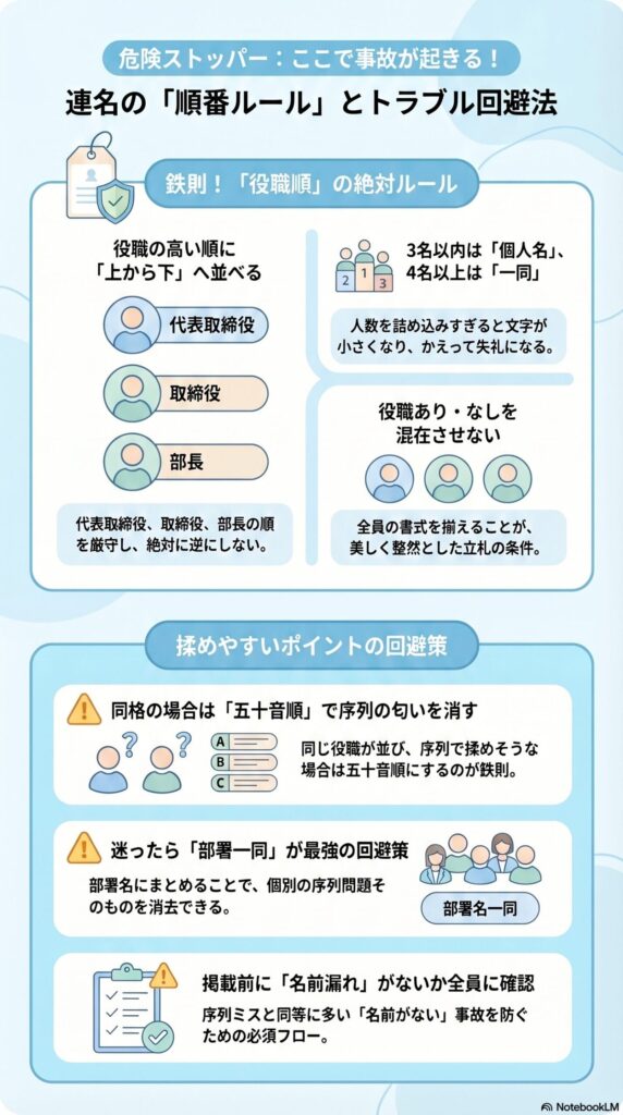 胡蝶蘭の立札における連名の順番ルールとトラブル回避法（役職順・五十音順・部署一同の使い分けを解説したインフォグラフィック）