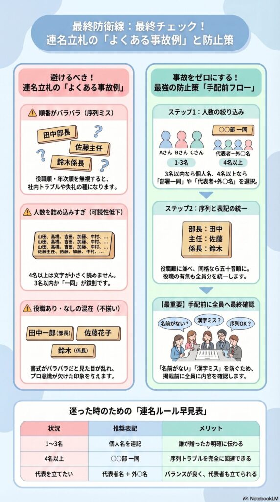 連名立札のよくある事故例と防止策、最終チェックフローをまとめたインフォグラフィック（順番ミス・人数過多・表記不統一の回避ポイント付き）