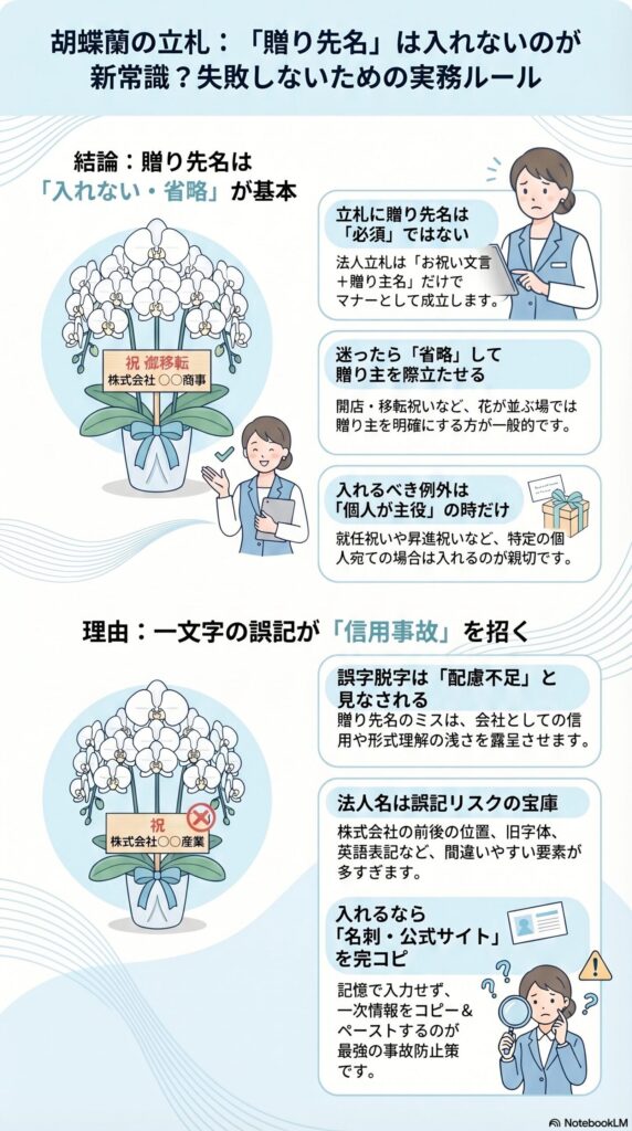 胡蝶蘭の立札で贈り先名は入れないのが基本とする実務ルール（例外・誤記リスク・正しい記載方法を解説したインフォグラフィック）