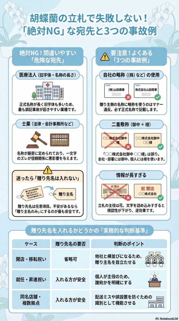 胡蝶蘭の立札で失敗しないための絶対NGな宛先と3つの事故例（略称・二重敬称・情報過多の注意点と判断基準を解説したインフォグラフィック）