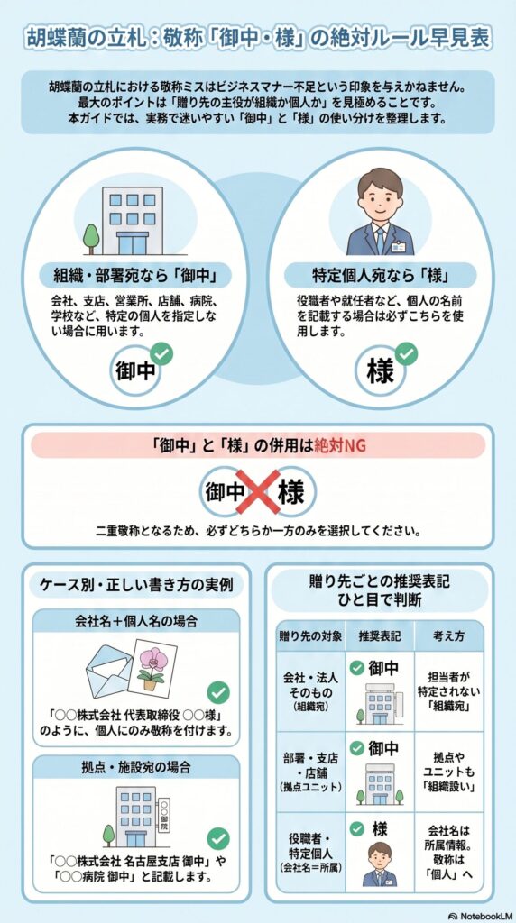 胡蝶蘭の立札における敬称「御中」と「様」の正しい使い分けルール（併用NG・ケース別記載例・判断基準を解説したインフォグラフィック）