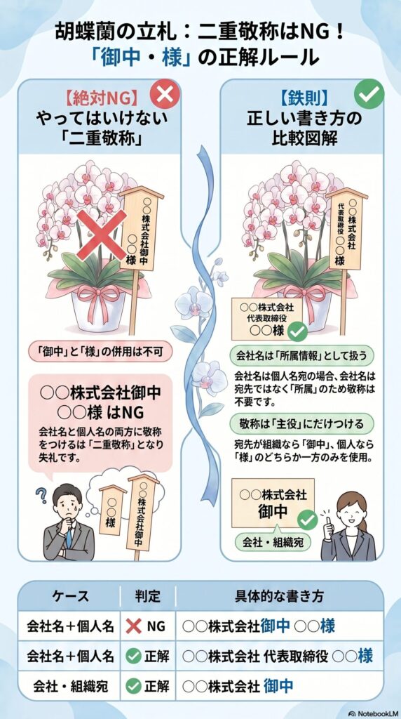 胡蝶蘭の立札で二重敬称はNGとする「御中」と「様」の正しい使い分けルール（会社名＋個人名の書き方と具体例を解説したインフォグラフィック）