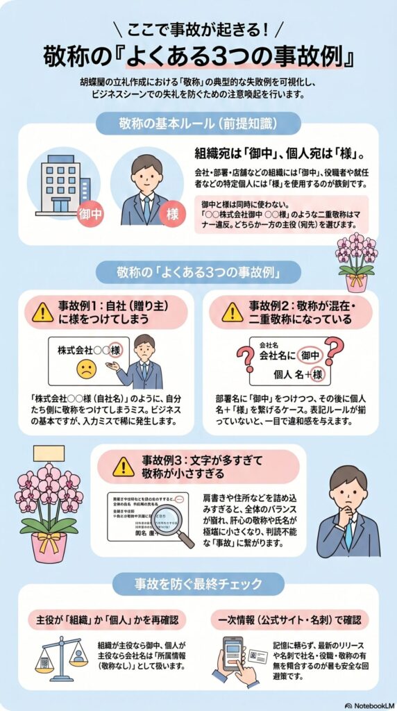 胡蝶蘭の立札で起こりやすい敬称ミスの3つの事故例と対策（御中と様の使い分け・二重敬称・情報過多の注意点を解説したインフォグラフィック）