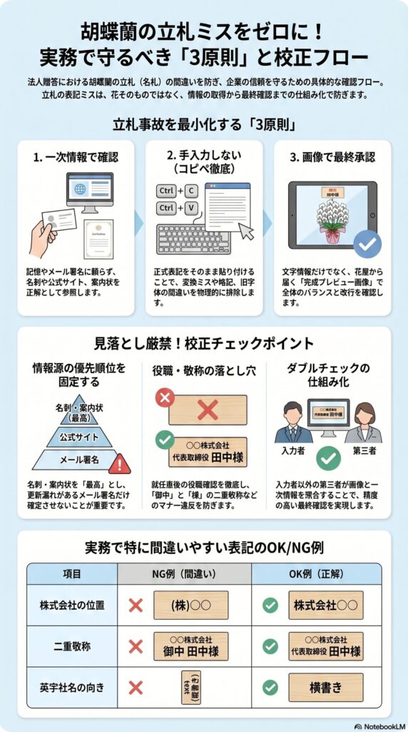 胡蝶蘭の立札ミスを防ぐための3原則と校正フロー（一次情報確認・コピペ徹底・画像確認とOK/NG表記例を解説したインフォグラフィック）
