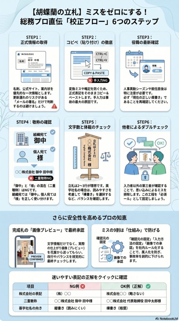 胡蝶蘭の立札ミスを防ぐ総務向け校正フロー6ステップ（コピペ徹底・敬称確認・ダブルチェックと最終承認の実務手順を解説したインフォグラフィック）