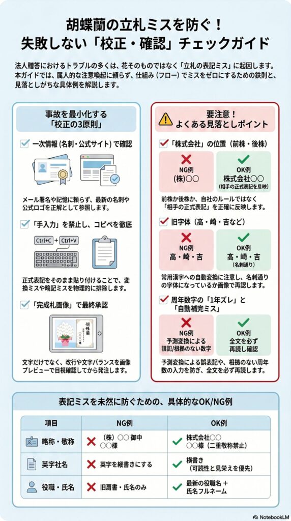 胡蝶蘭の立札ミスを防ぐための校正・確認チェックガイド（一次情報確認・コピペ徹底・敬称や表記ミスのOK/NG例を解説したインフォグラフィック）