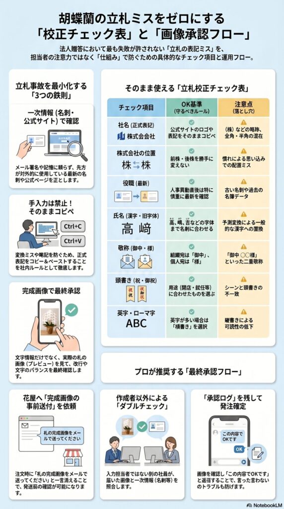 胡蝶蘭の立札ミスを防ぐ校正チェック表と画像承認フロー（正式表記・敬称・役職確認とダブルチェック手順を解説したインフォグラフィック）