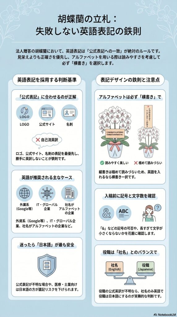 胡蝶蘭の立札で失敗しない英語表記ルール（公式表記優先・横書き・使用判断基準と注意点を解説したインフォグラフィック）