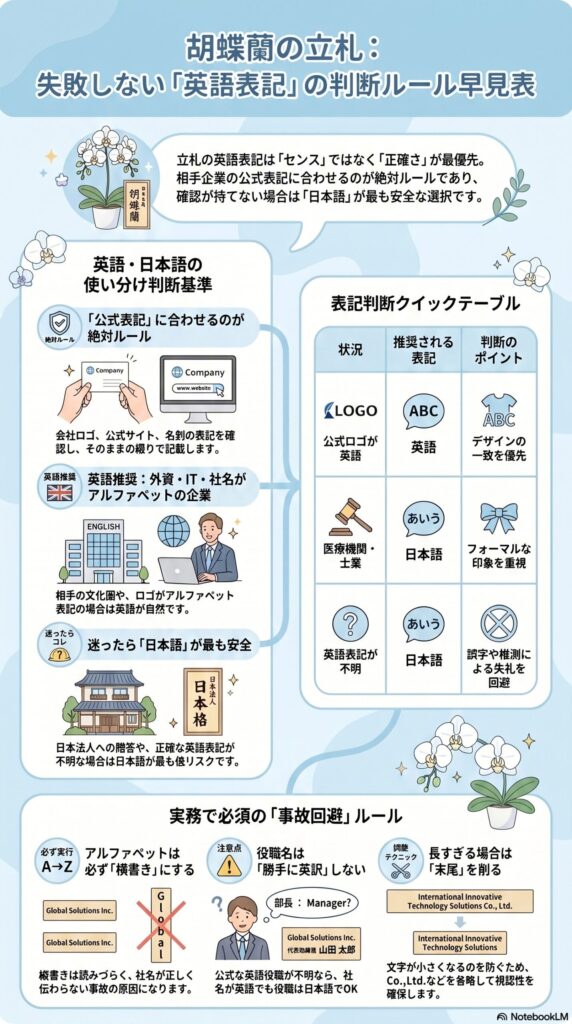 胡蝶蘭の立札で失敗しない英語表記の判断ルール早見表（日本語との使い分け・公式表記優先・横書き原則を解説したインフォグラフィック）