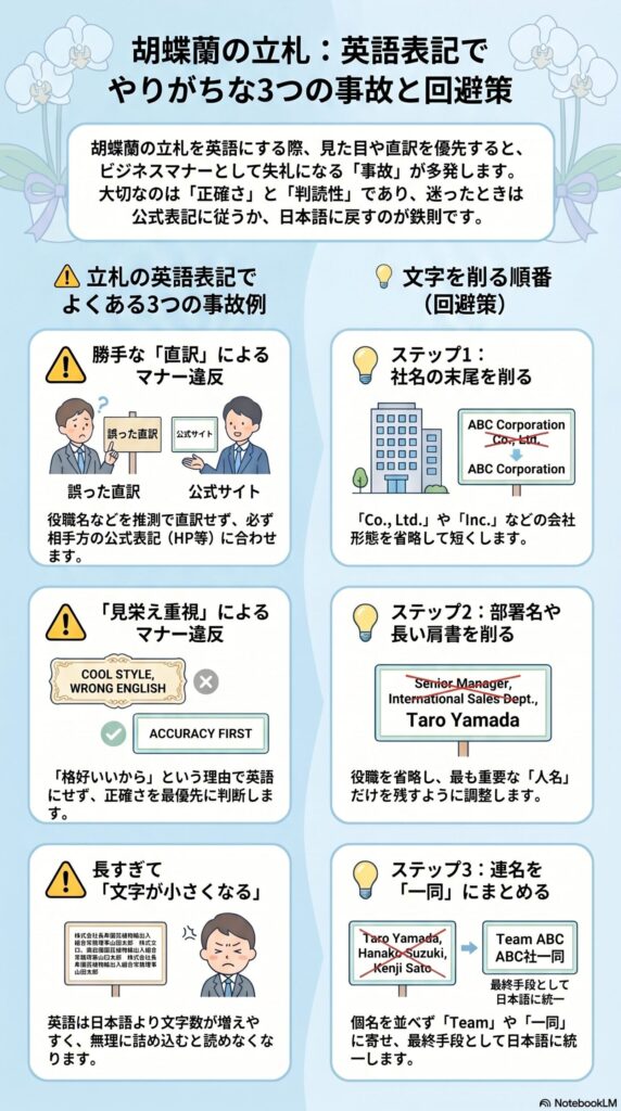 胡蝶蘭の立札で英語表記における3つの失敗例と回避策（直訳・見栄え重視・文字過多のNGと削り方の手順を解説したインフォグラフィック）