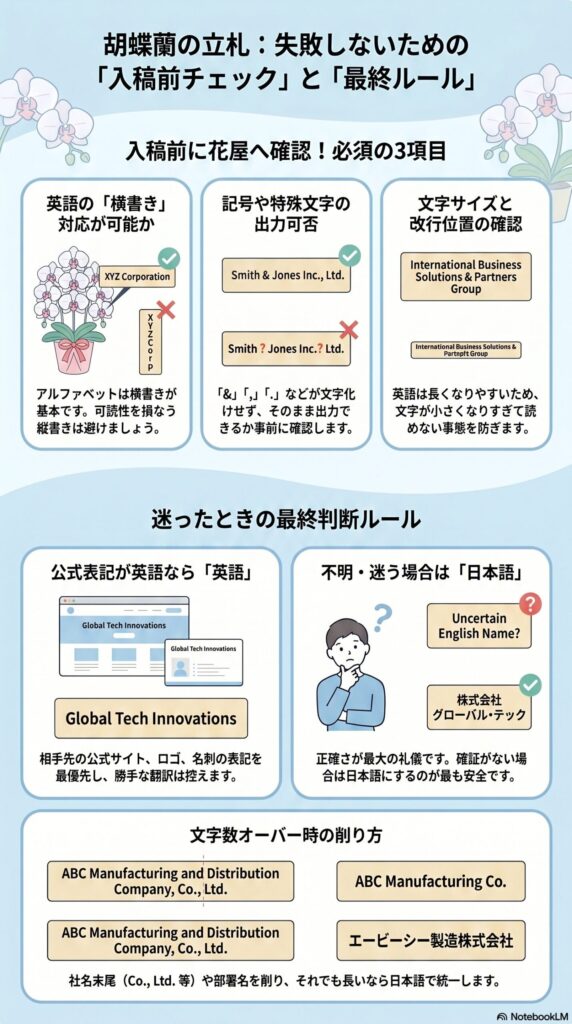 胡蝶蘭の立札で失敗しないための入稿前チェックと最終判断ルール（英語表記の確認項目・日本語との使い分け・文字数調整方法を解説したインフォグラフィック）