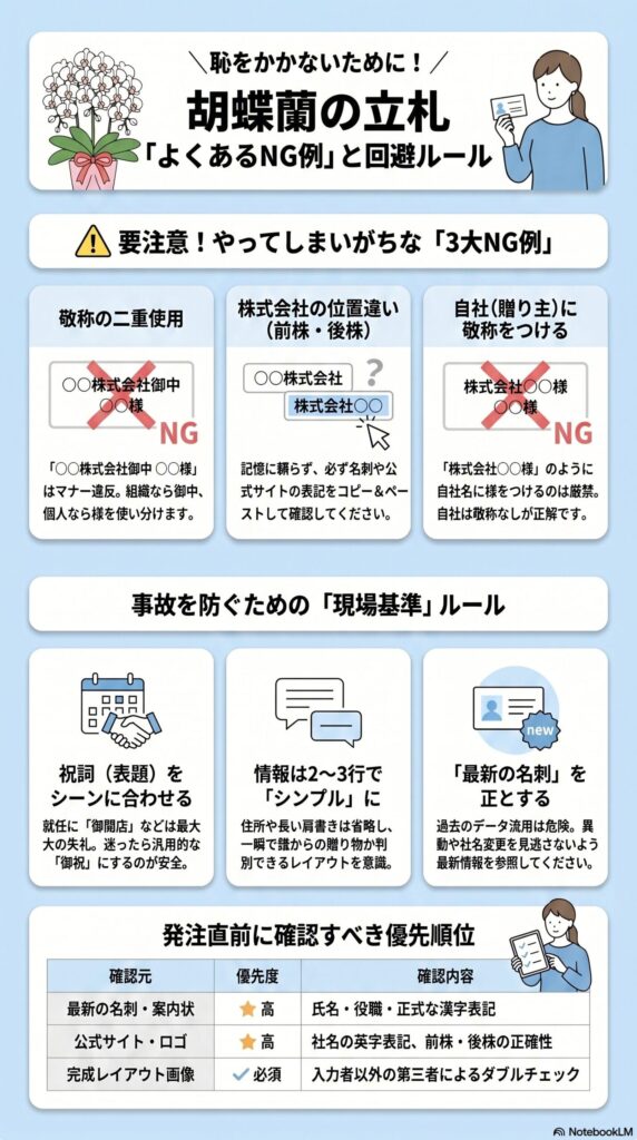 胡蝶蘭の立札で恥をかかないためのNG例と回避ルール（敬称の二重使用・社名表記ミス・自社敬称NGと実務チェックポイントを解説したインフォグラフィック）