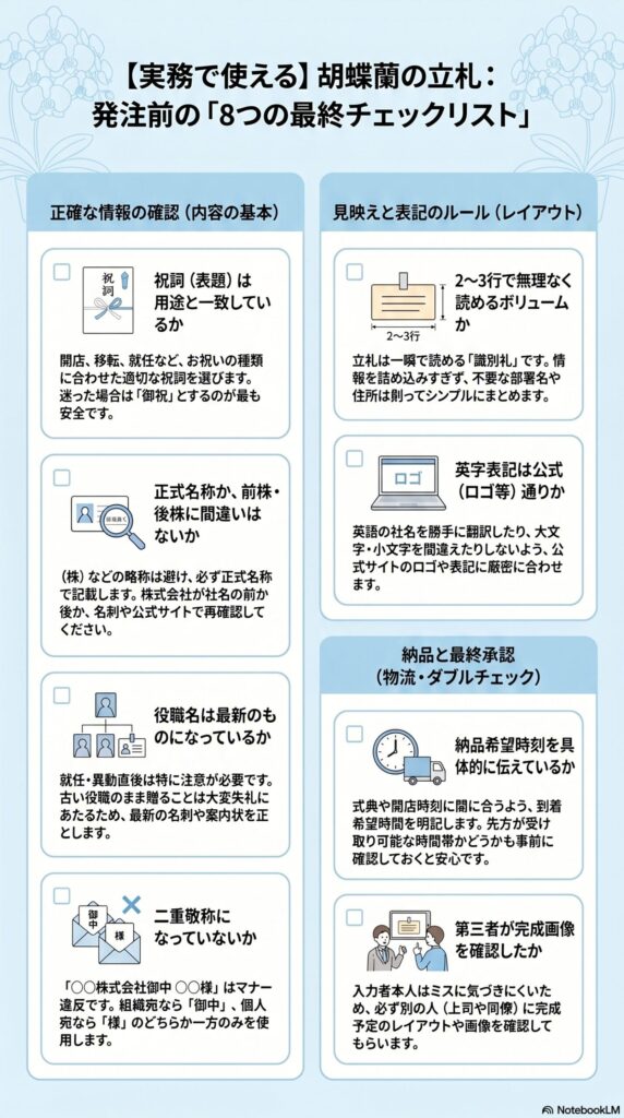 胡蝶蘭の立札ミスを防ぐための発注前チェックリスト8項目（祝詞・社名・役職・敬称・レイアウト・英字表記・納品時間・最終確認を網羅した実務用ガイド）