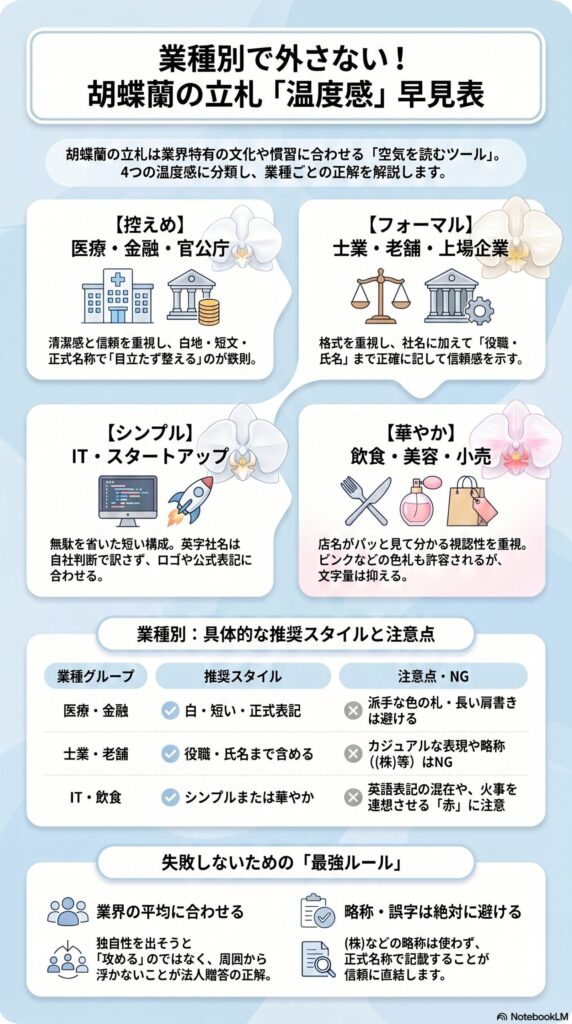 業種別で外さない胡蝶蘭の立札温度感早見表 医療金融官公庁は控えめ 士業老舗上場企業はフォーマル ITスタートアップはシンプル 飲食美容小売は華やか 推奨スタイルとNG例を解説
