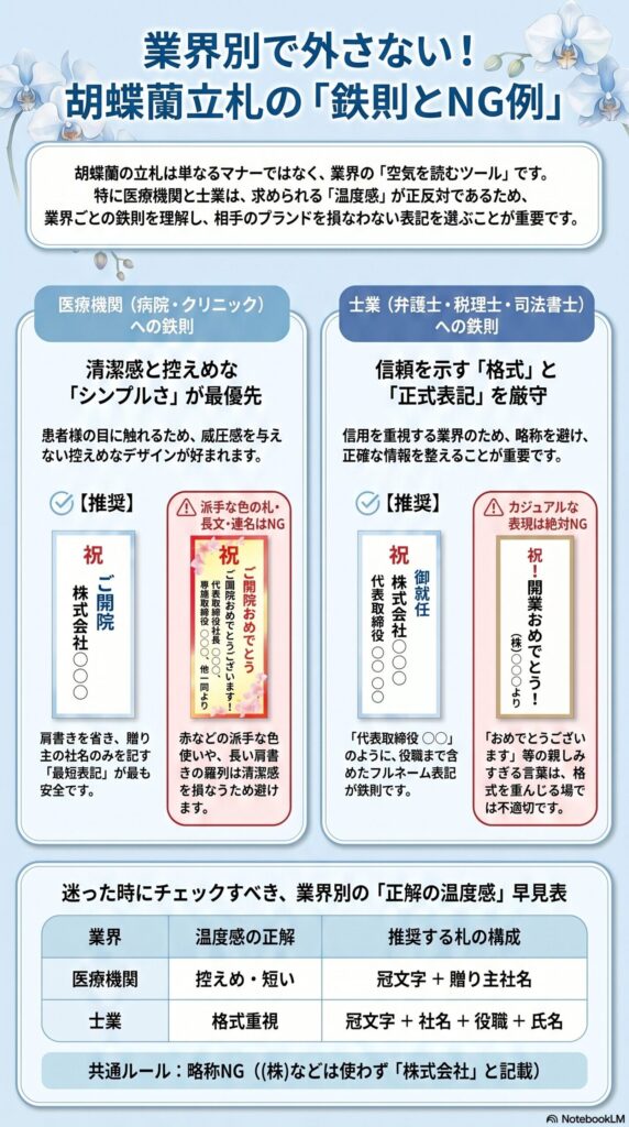 業界別で外さない胡蝶蘭の立札の鉄則とNG例 医療機関は控えめでシンプル 士業は正式表記と格式重視 推奨レイアウトと避けるべき表現を解説した比較図