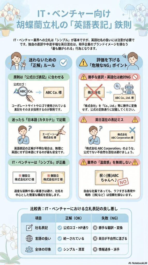 ITベンチャー向け胡蝶蘭立札の英語表記ルール 公式ロゴ表記に合わせる方法と直訳NG例 英日混在ミスやシンプル構成の正解を解説した比較図