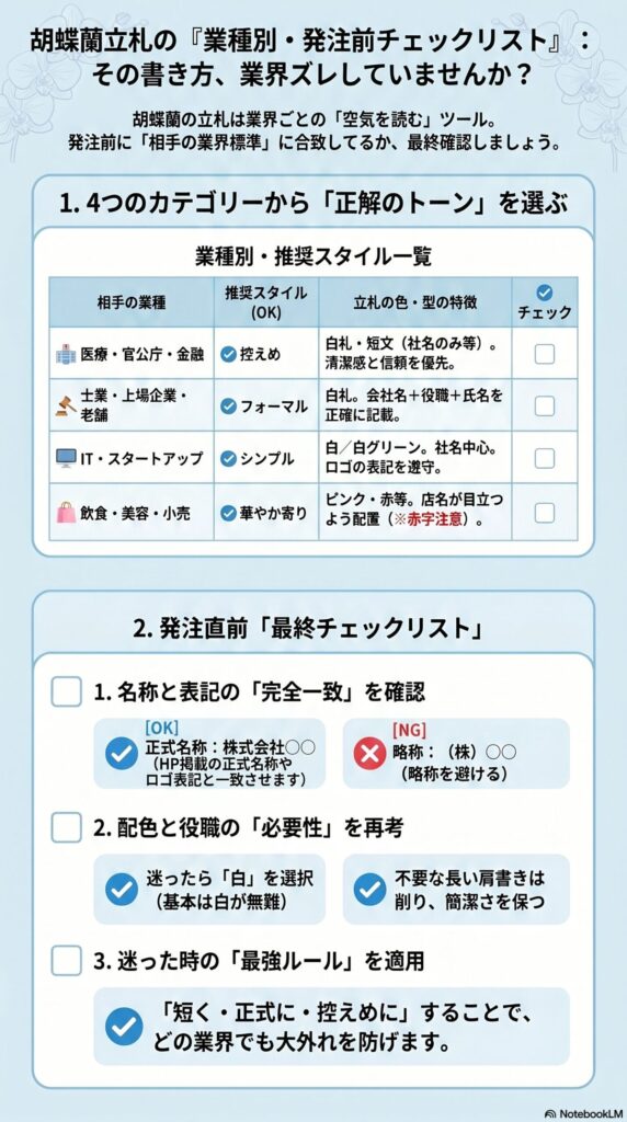 胡蝶蘭立札の業種別発注前チェックリスト 医療金融は控えめ 士業はフォーマル ITはシンプル 飲食は華やか 正しいトーン選びと最終確認ポイントを解説した一覧表