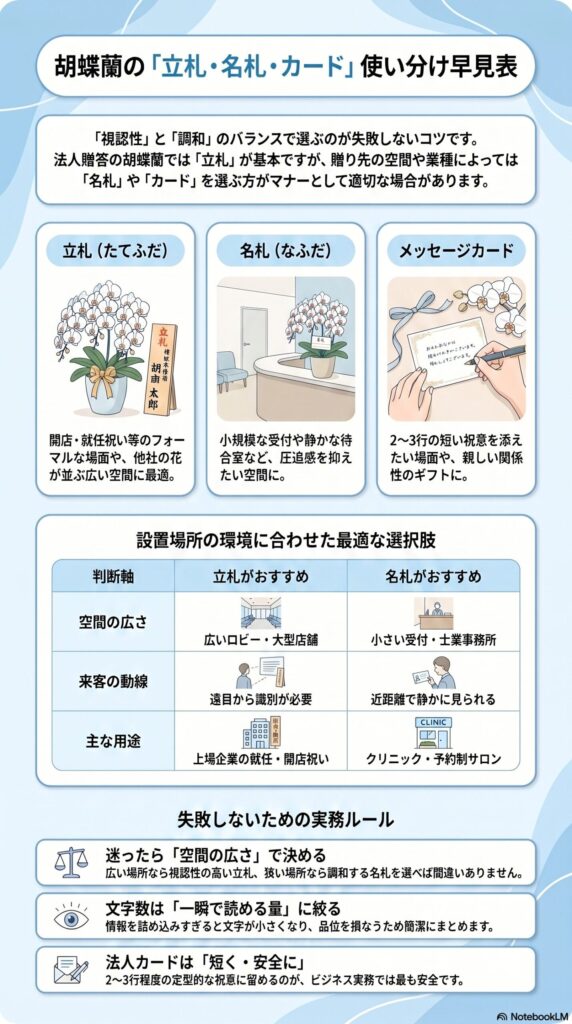 胡蝶蘭の立札 名札 メッセージカードの使い分け早見表 空間の広さや設置場所に応じた選び方と法人ギフトで失敗しない実務ルールを解説した図