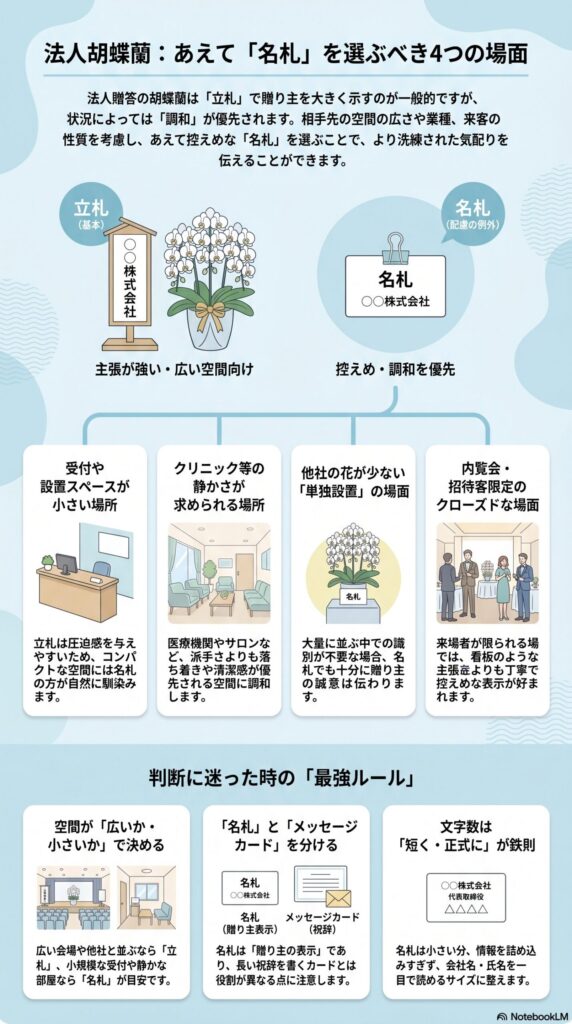 法人胡蝶蘭で名札を選ぶべき場面4選 受付や小スペース クリニック 単独設置 内覧会など立札との使い分けと判断基準を解説した図