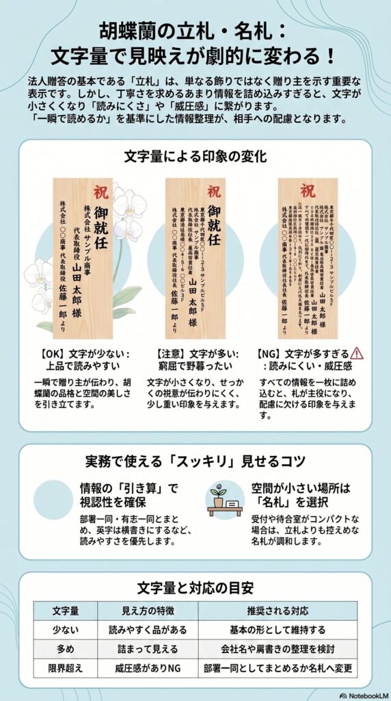 胡蝶蘭の立札と名札は文字量で印象が変わる 少ないと上品 多すぎは読みにくいNG例 情報整理と見やすくするコツを解説した比較図