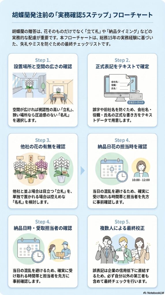 胡蝶蘭発注前の実務確認5ステップフローチャート 設置場所 正式表記 他社花 納品時間 担当者 最終校正までの確認手順を解説した図