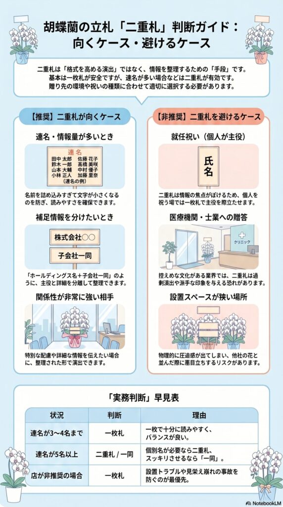 胡蝶蘭の立札 二重札の判断ガイド 向くケースと避けるケース 連名や情報量別の使い分けとNG例を解説した図