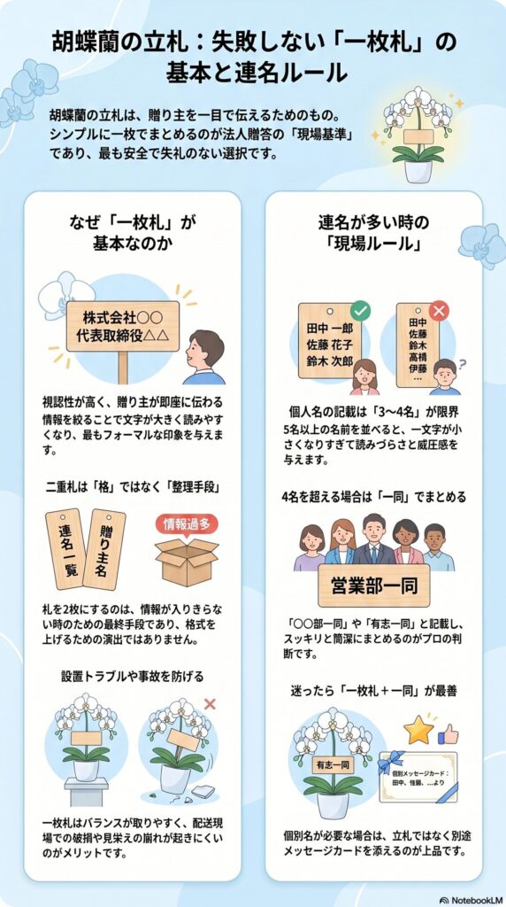 胡蝶蘭の立札 一枚札の基本と連名ルール 何人まで書けるか 一同表記の使い方と見やすい書き方を解説した図