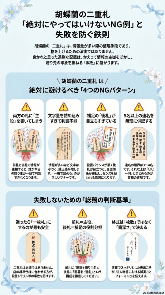 胡蝶蘭の二重札のNG例4パターンと正しい使い方 主役重複や文字詰め込み連名過多などの失敗例と防止ルールを解説した図