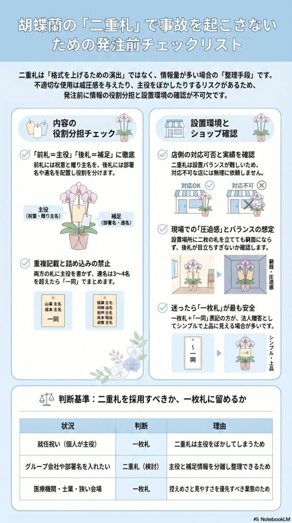 胡蝶蘭の二重札で失敗しない発注前チェックリスト 主役と補足の分け方 設置環境判断 一枚札との使い分け基準を解説した図