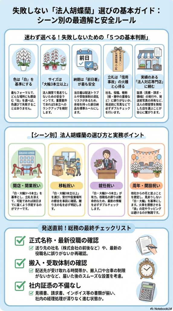 法人胡蝶蘭の選び方ガイド 色やサイズ納期の基本判断と開店 就任 周年などシーン別の最適な贈り方と最終チェックを解説した図