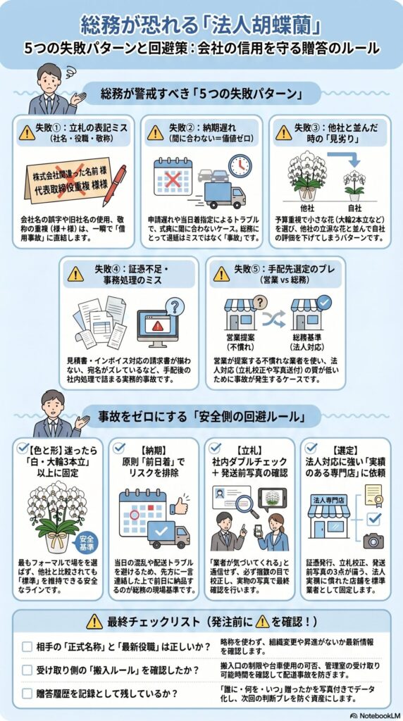 法人胡蝶蘭の失敗パターン5例と回避策 立札ミス 納期遅れ 見劣り 証憑不足 業者選定ミスを防ぐ総務向けチェックガイド図