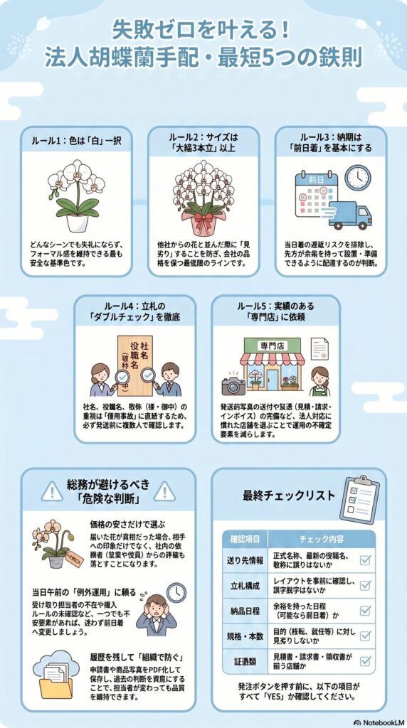 法人胡蝶蘭手配の5つの鉄則 色は白 サイズは大輪3本立ち以上 納期は前日着 ダブルチェック 専門店選びと最終チェックリストを解説した図