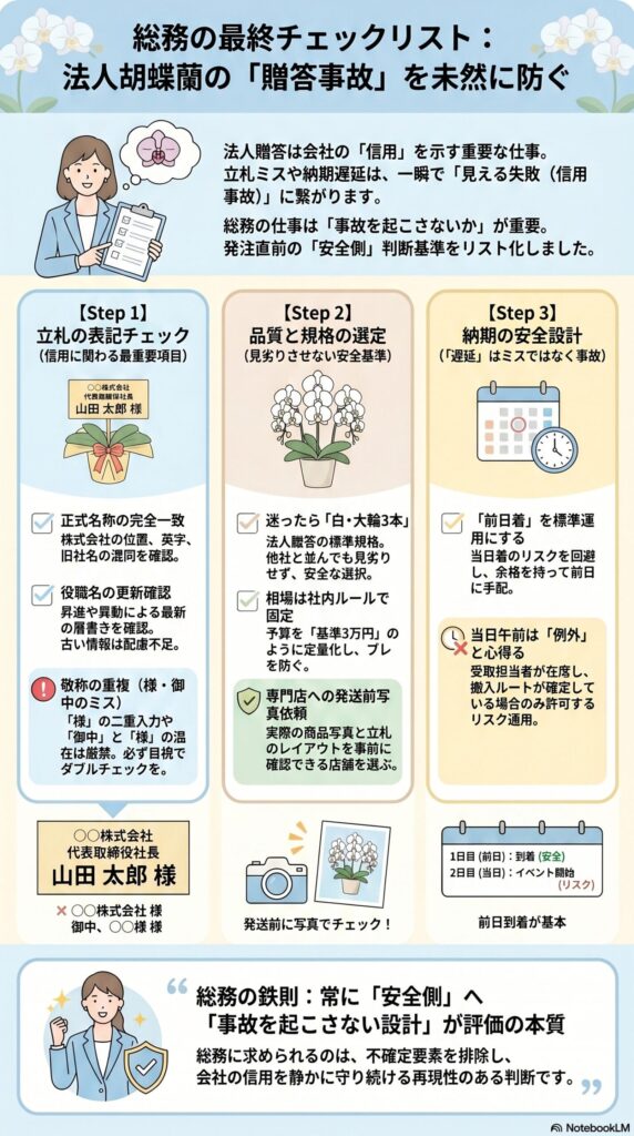 法人胡蝶蘭の最終チェックリスト 立札表記 品質規格 納期設計の3ステップで贈答事故を防ぐ総務向け確認ガイド図