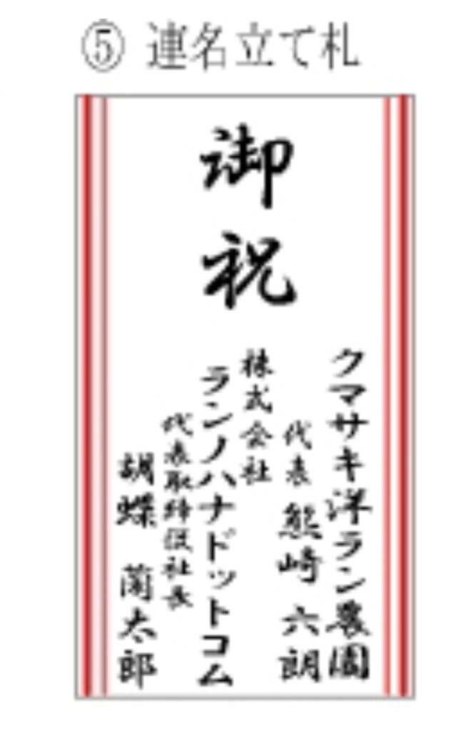 連名立て札の見本「御祝」｜複数の贈り主名を記載した法人向け胡蝶蘭木札レイアウト例