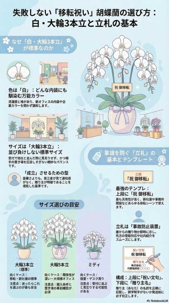 移転祝いの胡蝶蘭の選び方ガイド(白の大輪3本立が標準、立札「祝御移転」の書き方、サイズ目安〈3本立・5本立・ミディ〉とビジネス贈答マナーを解説したインフォグラフィック)