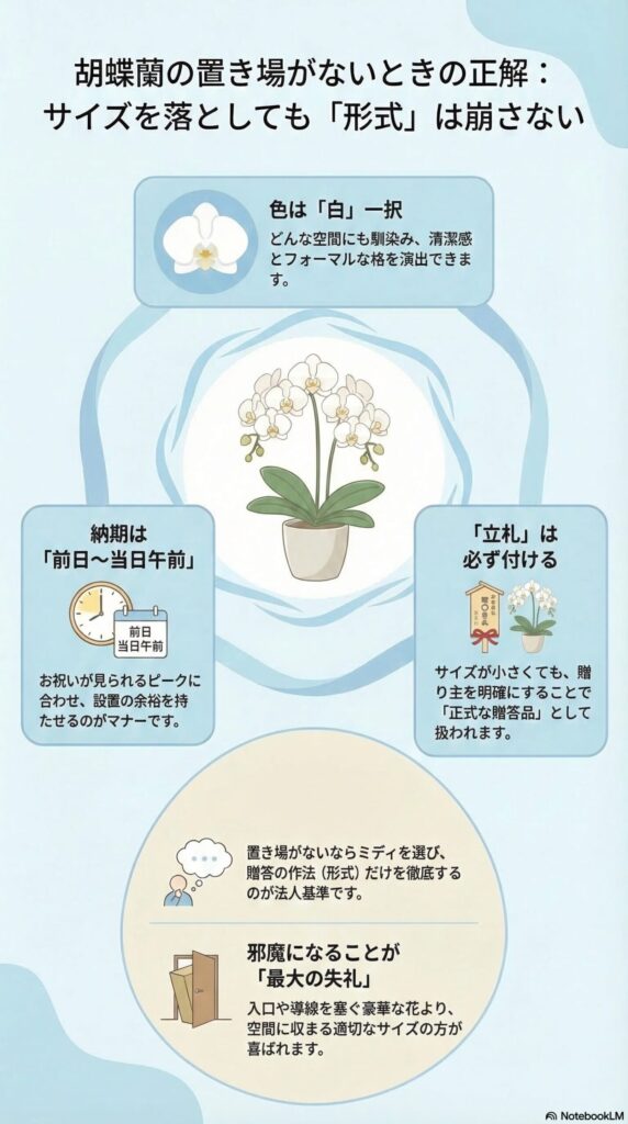胡蝶蘭の置き場がない場合の贈答マナー(サイズを落としても白を選び、前日〜当日午前着で立札を付けるなど形式を崩さない法人基準)を解説したビジネス贈答インフォグラフィック