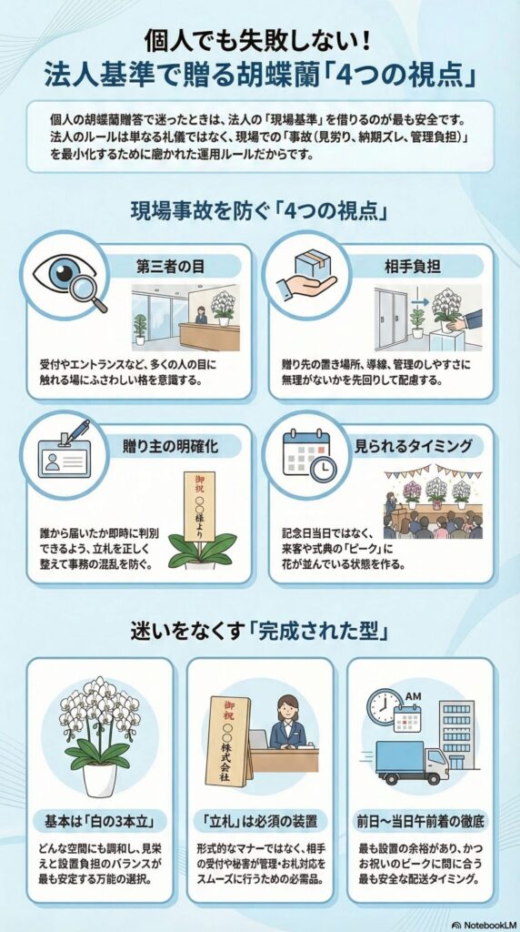 個人でも失敗しない胡蝶蘭贈答の法人基準ガイド（第三者の目・相手負担・贈り主明確化・見られるタイミングの4視点と、白の3本立・立札必須・前日〜当日午前着の基本ルール）を解説したインフォグラフィック