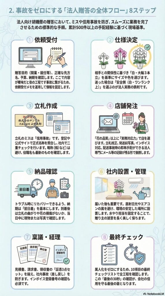 法人向け胡蝶蘭贈答の全体フロー8ステップ（依頼受付〜最終チェックまでの実務手順と、立札確認・前日着・店舗選びなど事故防止のポイント）を体系的にまとめたインフォグラフィック