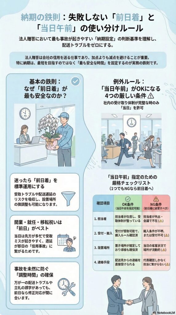 胡蝶蘭贈答の納期ルール解説インフォグラフィック（基本は前日着が最も安全な理由と、当日午前が許容される厳格条件・チェックリストを整理）