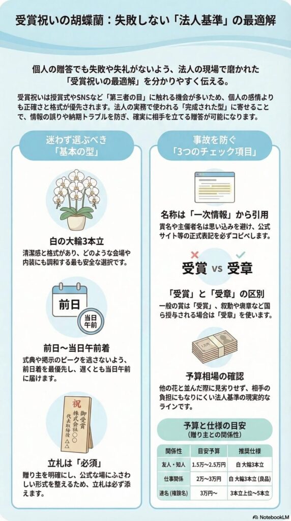 受賞祝いの胡蝶蘭で失礼を防ぐ法人基準ガイド(白の大輪3本立・前日〜当日午前着・立札必須、受賞と受章の違い、名称の一次情報確認、予算相場の目安)を解説したビジネス贈答インフォグラフィック