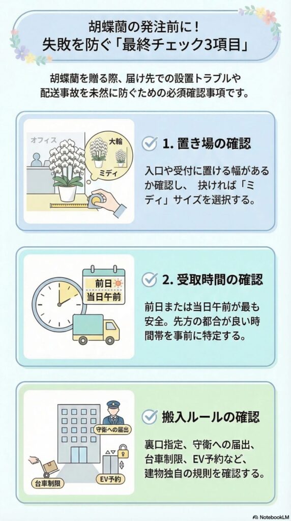 胡蝶蘭を贈る前に確認すべき最終チェック3項目(置き場の確認・受取時間の確認・搬入ルールの確認)を解説したビジネス贈答インフォグラフィック