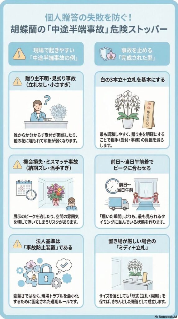 個人の胡蝶蘭贈答で起きやすい中途半端事故（贈り主不明・見劣り・納期ズレ・派手すぎ）を防ぐ方法と、白の3本立＋立札・前日〜当日午前着・置き場が狭い場合はミディ＋立札の法人基準を解説したインフォグラフィック