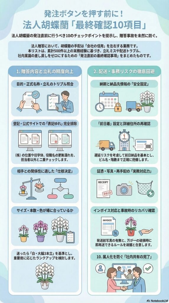 法人胡蝶蘭の発注前最終チェック10項目ガイド（立札表記・納期設定・配送条件・サイズ選定・証憑対応・再手配体制・社内共有まで、事故を防ぐ実務チェックリスト）をまとめたインフォグラフィック