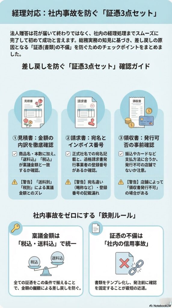 法人胡蝶蘭贈答の経理対応ガイド（見積書・請求書・領収書の証憑3点セット確認と、税込・送料込統一で差し戻しを防ぐ実務ルール）を解説したインフォグラフィック