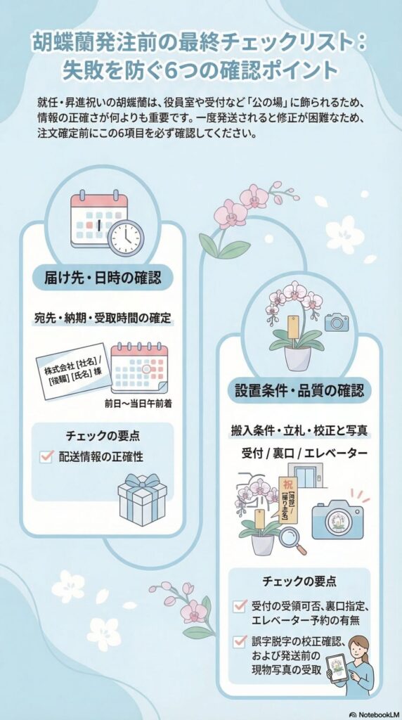 胡蝶蘭発注前の最終チェックリスト（届け先・納期・受取時間の確認、搬入条件や立札校正、発送前写真確認など失敗を防ぐ6つの確認ポイントを解説したビジネス贈答ガイドインフォグラフィック）