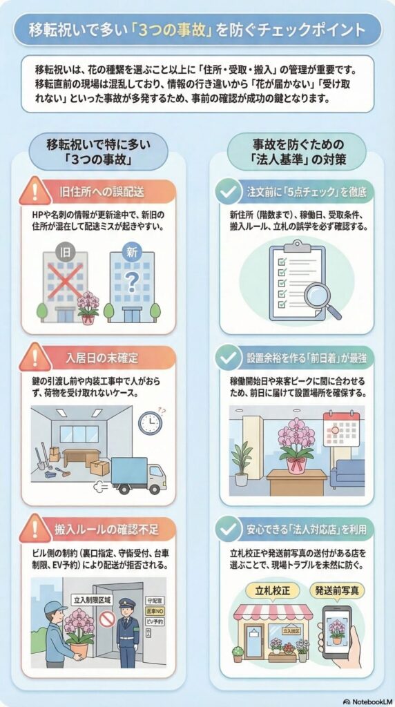 移転祝いの胡蝶蘭で起きやすい3つの配送トラブル(旧住所への誤配送・入居日未確定・搬入ルール未確認)と防止策(注文前チェック・前日着・法人対応店の利用)を解説したビジネス贈答インフォグラフィック