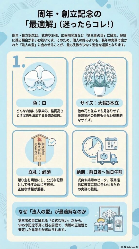 周年・創立記念祝いの胡蝶蘭の最適解（色は白・大輪3本立・立札必須・納期は前日〜当日午前）を解説した法人贈答マナーインフォグラフィック